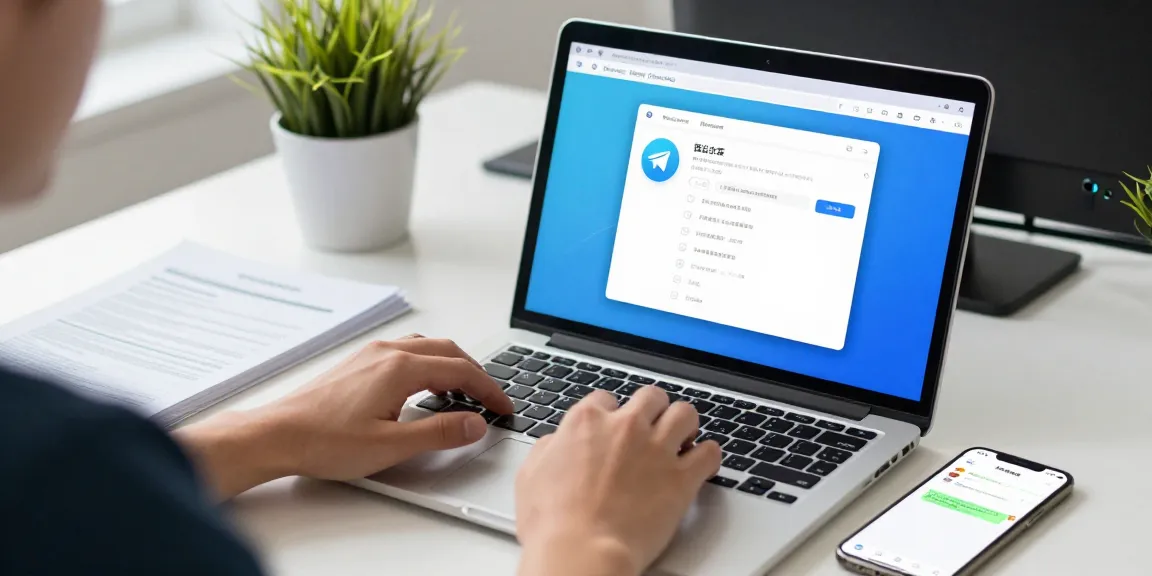 Telegram Chinese interface setup in a modern tech workspace with user interaction.