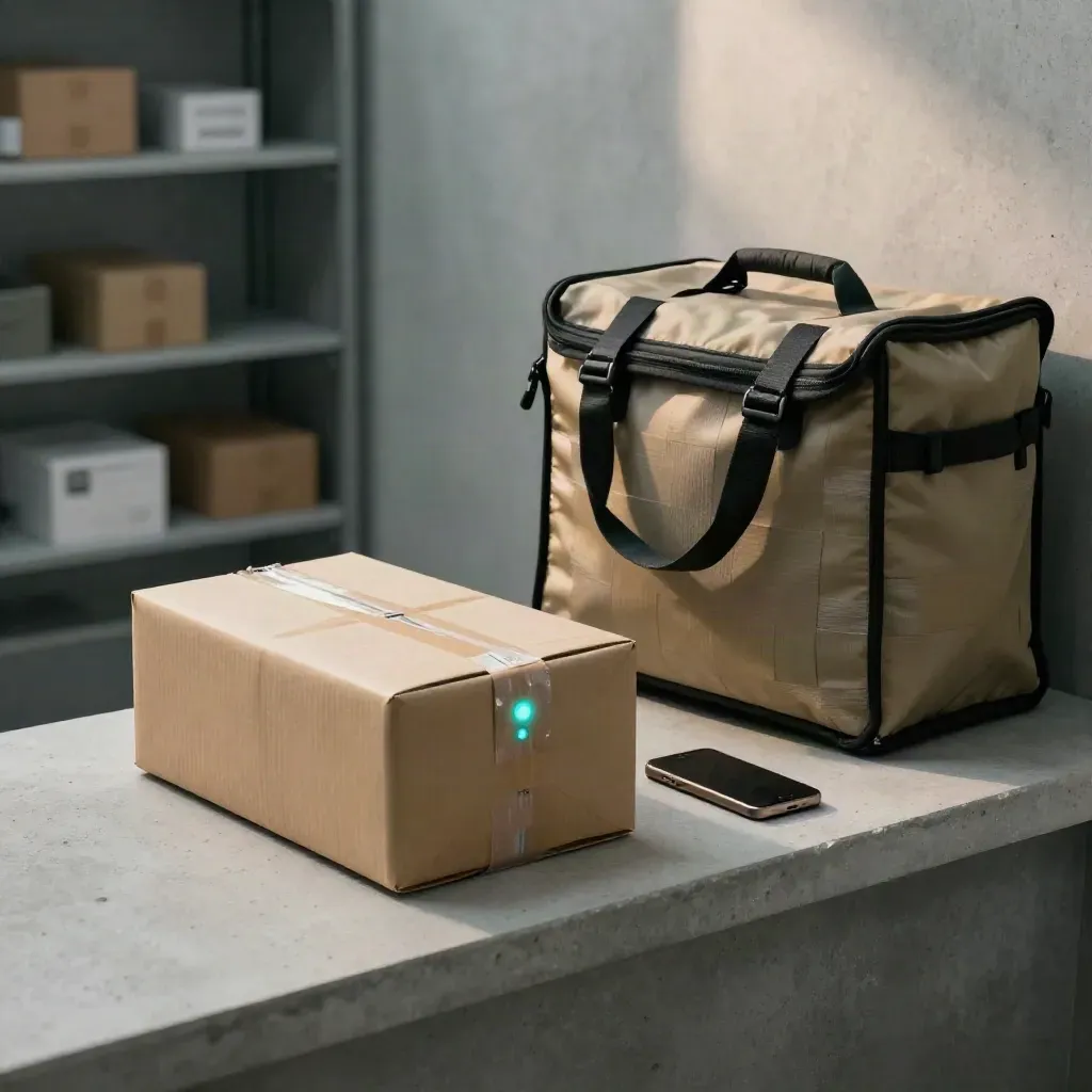 Parcel, telefon och budväska med diskret teal-ljus i mjuk lagerdimmig miljö.